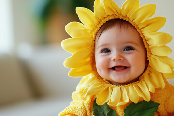 Sweet Little baby is dressed in a yellow flower outfit. The baby is smiling and looks happy.