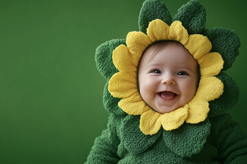 Sweet Little baby is dressed in a yellow flower outfit. The baby is smiling and looks happy. place for writing text