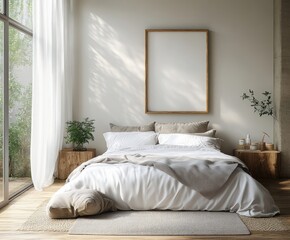 Cozy Scandinavian Bedroom with White Bed and Blank Frame Interior Design 3D Rendering