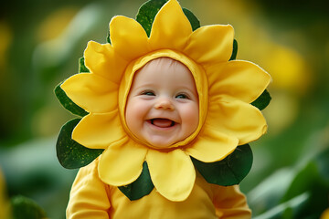 Sweet Little baby is dressed in a yellow flower outfit. The baby is smiling and looks happy. - obrazy, fototapety, plakaty