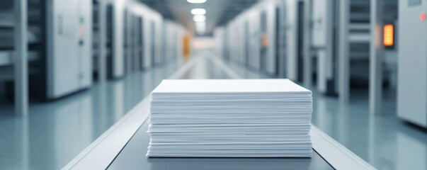 Stacks of white paper in a modern, organized storage facility aisle.