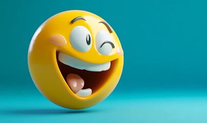 Fototapeta premium Smiling and winking yellow emoticon on a bright teal background