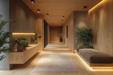 Modern Interior Design: A hallway with wooden walls and subtle lighting featuring plants and a sleek bench for a minimalist aesthetic