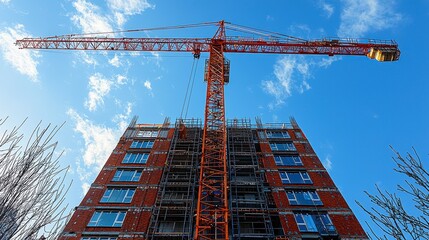 Fototapeta premium Construction crane lifting heavy materials at a building site under a blue sky