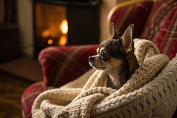 Cozy chihuahua snuggled in blanket living room pet photography warm indoor environment close-up view comfort and companionship