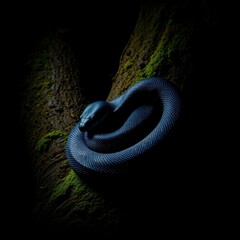 Black Snake Coiled on Mossy Tree Branch in Dark Dramatic Lighting