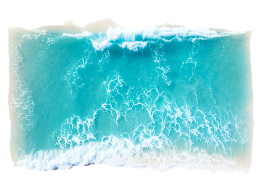 Aerial View of Turquoise Ocean Water with White Waves Crashing on Shore, Transparent Background