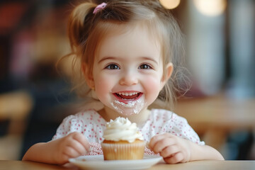 A little girl with sparkling eyes and a big smile holds a delicious cupcake with whipped cream. The warm bokeh background enhances the joyful and festive mood, making it perfect for celebration themes