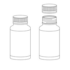 Jar of pills with closed and open lids. Outline vector illustration isolated on white background