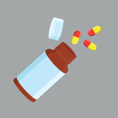 Jar of pills with opened lid and color capsules. Flat vector illustration isolated on gray background