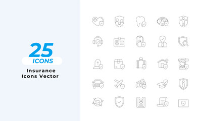 Insurance Icons Set Layout Vector Template. Vector illustration in line style of icons	