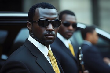 three security men wearing sunglasses near the car.