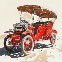 Vintage red automobile with a beige canvas top, depicted in a watercolor style against a light beige background. The car is detailed, showing its antique features.