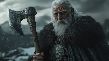 Obraz premium Viking Warrior Elderly Man Axe Winter Landscape