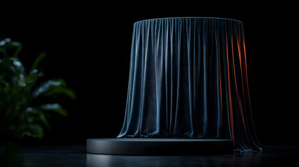 A Display Platform Covered by a Blue Curtain against a Black Backdrop