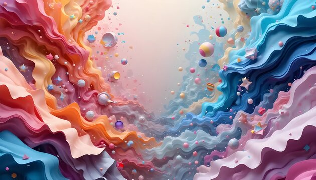 Abstract Pastel Swirling Forms with Floating Spheres and Stars