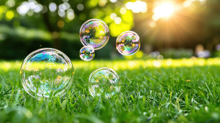 Bubbles drifting through serene park, illuminated by sunlight, create magical atmosphere. vibrant colors and reflections enhance peaceful setting