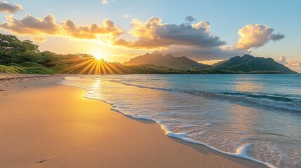 Tropical beach sunset, tranquil ocean view, golden hour.  Possible use Stock photo