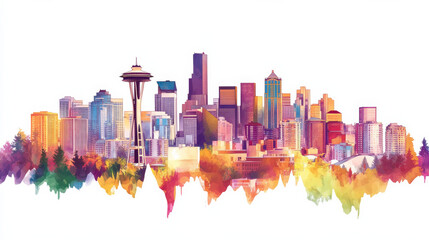 Fototapeta premium A stylized cityscape of Seattle, Washington, USA, isolated against a white background