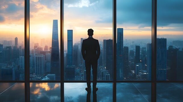 Wealthy Investor Gazing Over Expansive City Skyline From Skyscraper Office