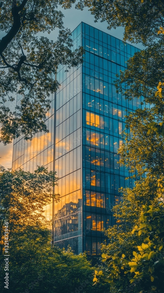 Poster golden rays of the setting sun illuminate the sleek glass exterior of an office tower, creating a st