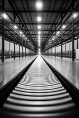 Fototapeta premium A long, narrow hallway with a black and white photo of a conveyor belt