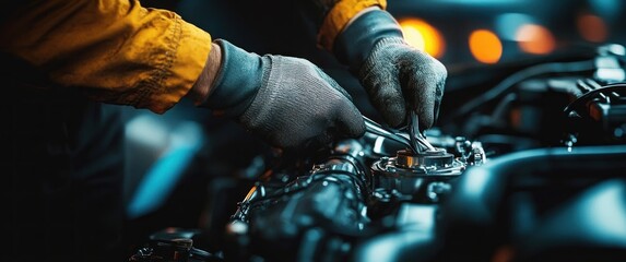 Mechanic Working on Car Engine with Wrench in Workshop for Repair and Maintenance Services