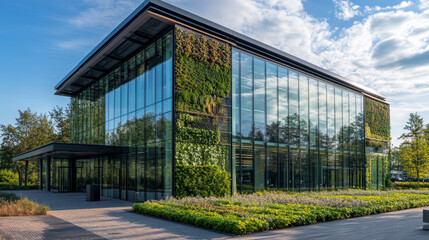 Obraz premium A sustainable office building designed to reduce heat and carbon emissions, integrating greenery into its modern glass structure
