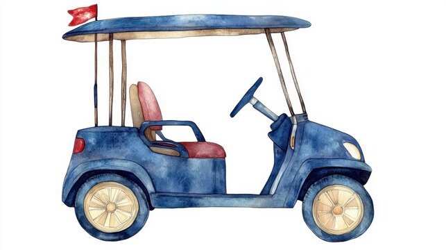 Watercolor painting of a blue golf cart with a red flag, light beige wheels, and maroon seat. The cart is depicted in profile view against a white background.
