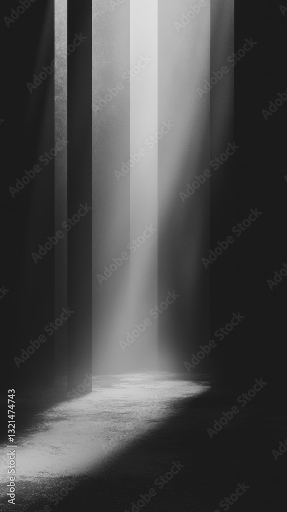 Poster a black and white photo of light streaming through a window, creating a warm glow