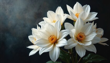Painting of beautiful white flowers with yellow pistils on dark artistic background. Oil painting or watercolor illustration. Fresh floral design for romantic greeting card.