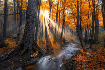 Sunlit autumn forest with red fox