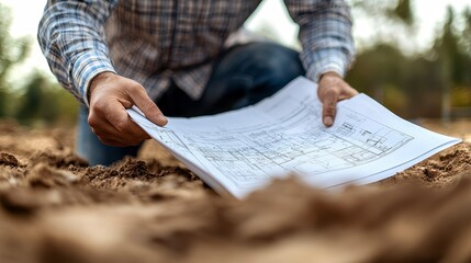 Naklejka premium Engineers Reviewing Blueprints on Ground at Construction Site