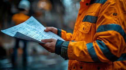Engineers Holding Blueprints in Safety Gear on Construction Site