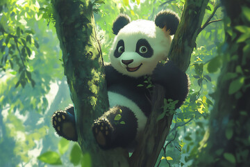 Fototapeta premium a panda is hanging on the tree, surrounded by green leaves and trees.