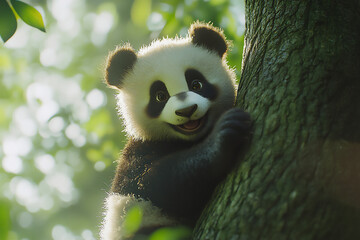 Obraz premium a panda is hanging on the tree, surrounded by green leaves and trees.
