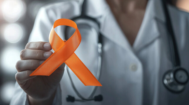 Doctor holding orange ribbon leukemia awareness support symbol hope care help fight hands health - Powered by Adobe
