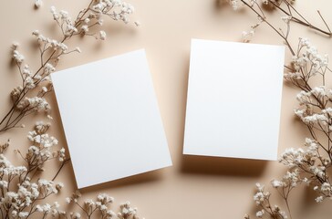 Blank Wedding Invitation Card Mockup with Dried Flowers on Beige Background