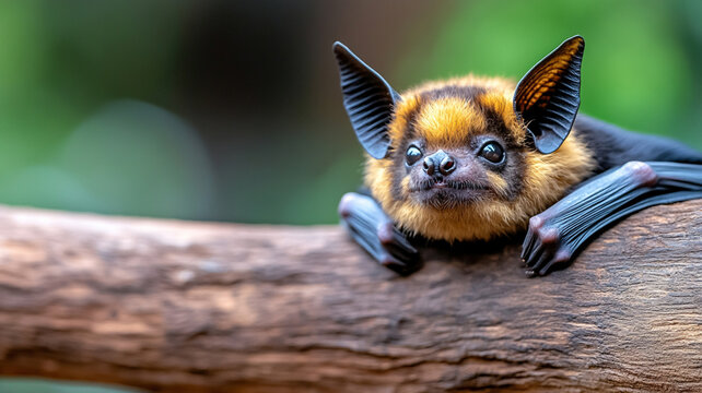 closeup image of bat resting on branch, showcasing its unique features and vibrant fur