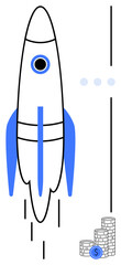 Rocket taking off symbolizing progress above stacked coins denoting financial investment and growth potential. Ideal for innovation, entrepreneurship, startup, finance, investment, development