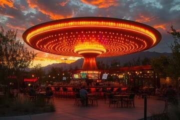 Outdoor restaurant with unique lighting structure illuminating an evening setting people are dining and the atmosphere is lively under a fiery sky