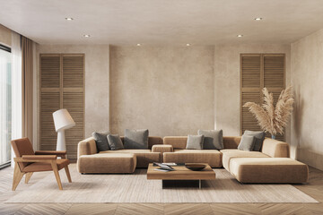 Contemporary interior design of the living room in soft neutral tones. Interior mockup, 3d render
