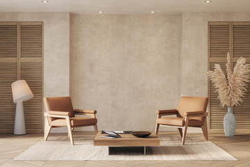 Contemporary interior design of the living room in soft neutral tones. Interior mockup, 3d render
