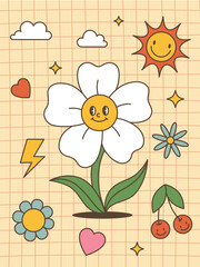 Hello spring, groove poster,postcard.Retro characters, 70s.Cartoon vector illustration