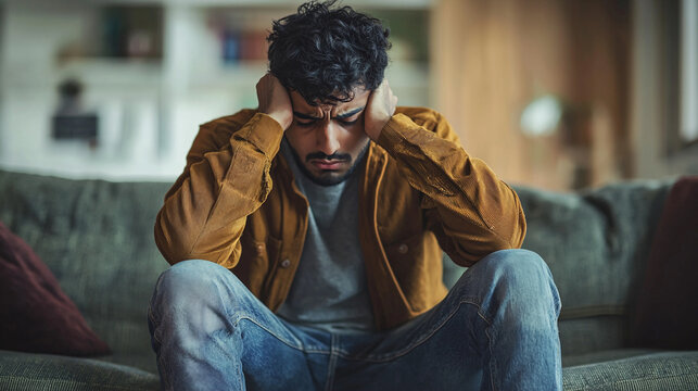 Sad young man sitting on couch feeling depressed anxious worried stressed troubled unhappy despondent