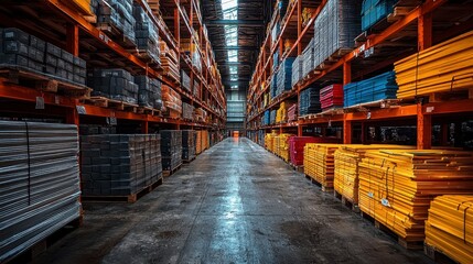 Fototapeta premium Organized Warehouse Storing Construction Materials in Neat Aisles