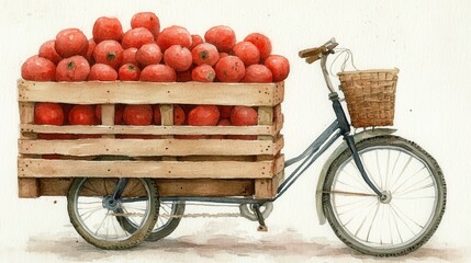 Fototapeta premium Watercolor painting of a three wheeled bicycle carrying a wooden crate full of red tomatoes. A wicker basket is attached to the handlebars.