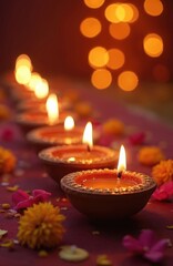 Diwali diyas line with flower petals. Festive bokeh lights background. Lit oil lamps, vibrant petals illuminate traditional holiday, spiritual celebration of light, hope, wealth. Hindu festival