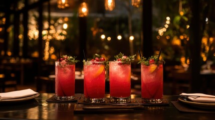Ruby cocktails in warm, tropical setting