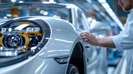 Close-up of a shiny car's headlight with a person inspecting the vehicle in a modern automotive factory.